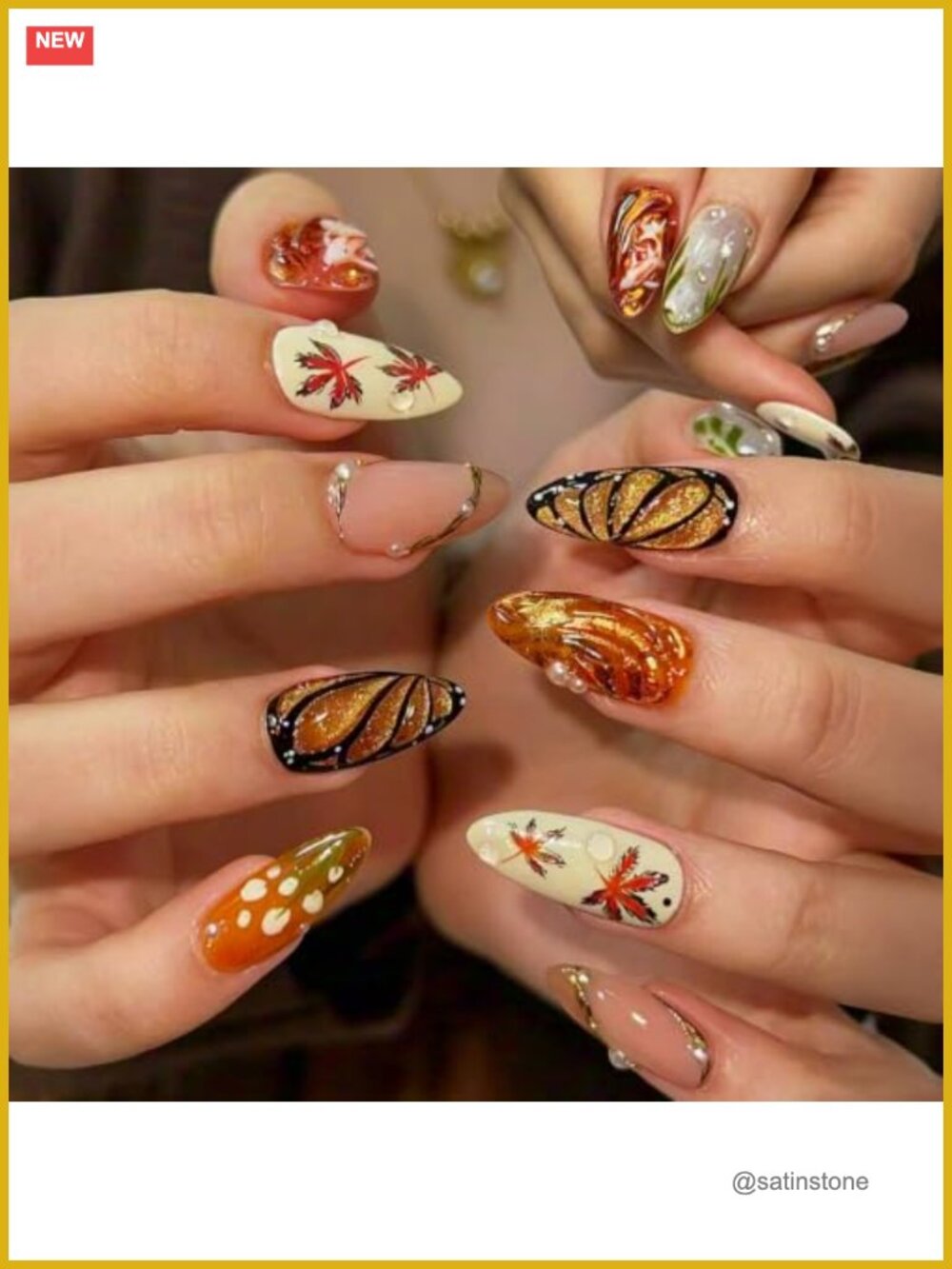 Long Almond Press On Nails 3D Maple Leaf Cat Eye Glossy 30Pcs